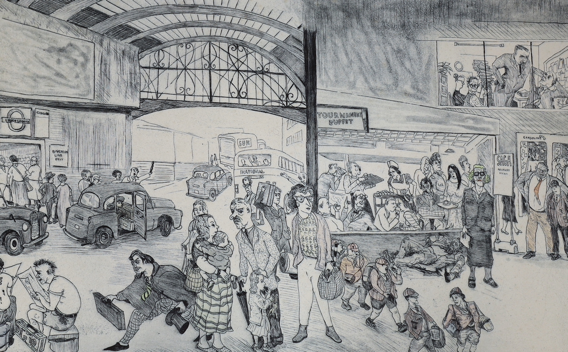 Chris Orr (British, b.1943), artist proof double etching with aquatint, two populated scenes at 'Paddington', signed and dated 1986, unframed, 122cm x 42cm